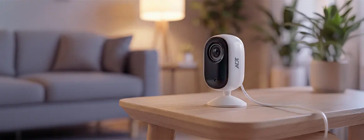 indoor security camera with a living room background