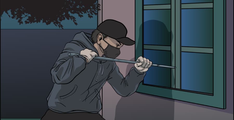 Illustration of burglar forcing entry through a window in Erie
