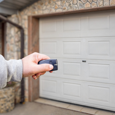 Erie security key fob pointing to a garage door